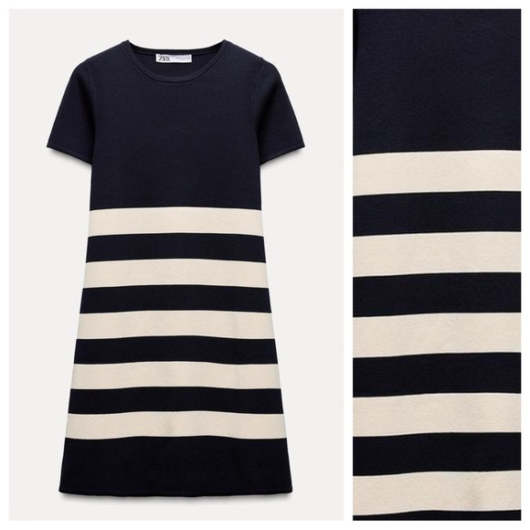 NWT. Zara Navy/Blue Striped Knit Short Dress. Size S. - Picture 4 of 9